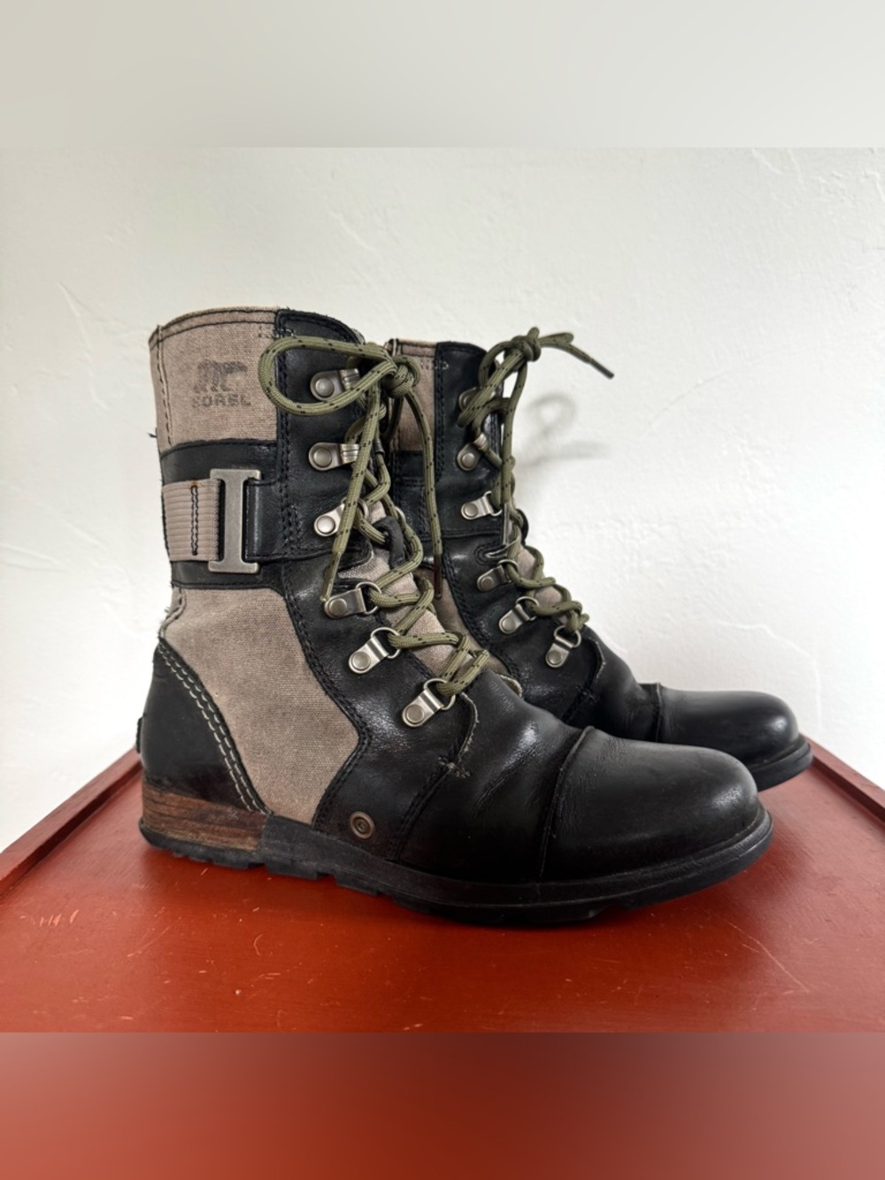 Sorel Major Carly Snow Combat Boots Leather Canvas Mid Calf Lace Up Sand Black - Picture 2 of 12